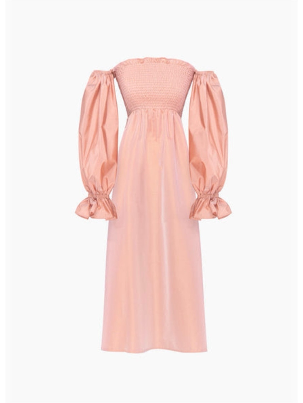 Sleeper Atlanta Satin Crepe Smocked Off-Shoulder Midi Dress
